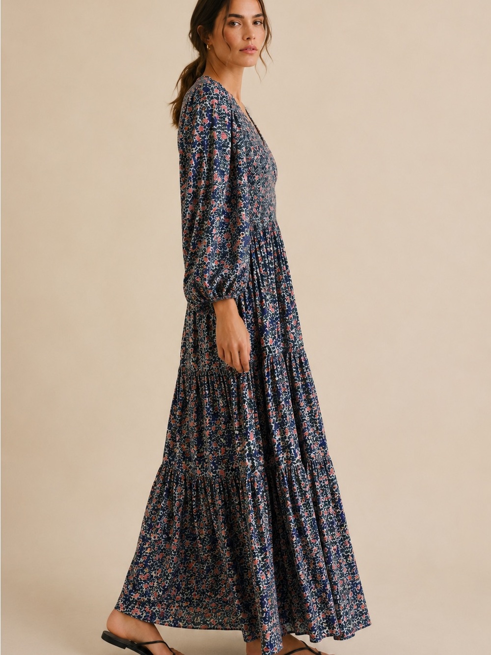 Apiece Apart Olivas Floral Fit & Flare Maxi Dress Smocked Bodice Long Sleeve - Picture 2 of 12
